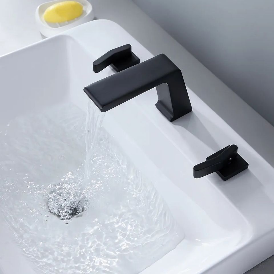 Contemporary Matte Black Waterfall Double-Handle Widespread Sink Faucet Solid Brass