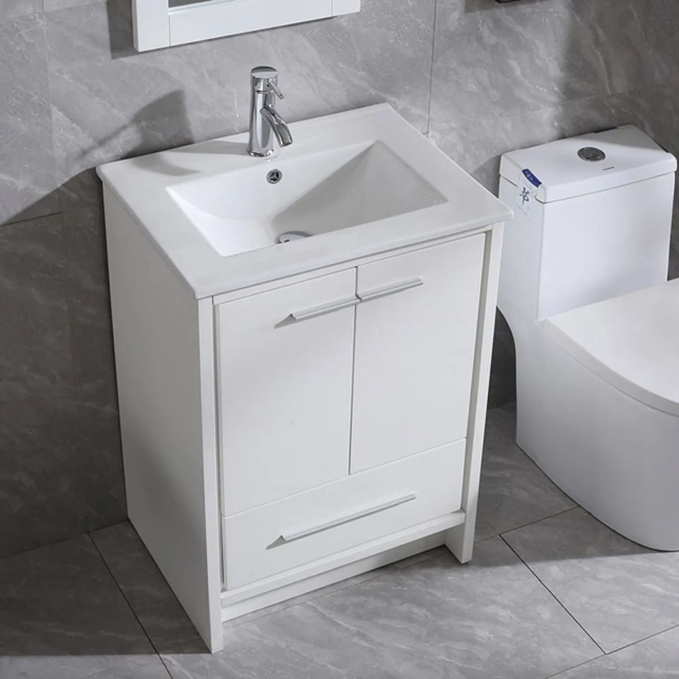 24" Bathroom Vanity White Single Storage Cabinet Undermount Ceramic Sink Set w/ Mirror