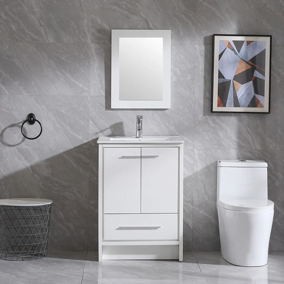 24" Bathroom Vanity White Single Storage Cabinet Undermount Ceramic Sink Set w/ Mirror