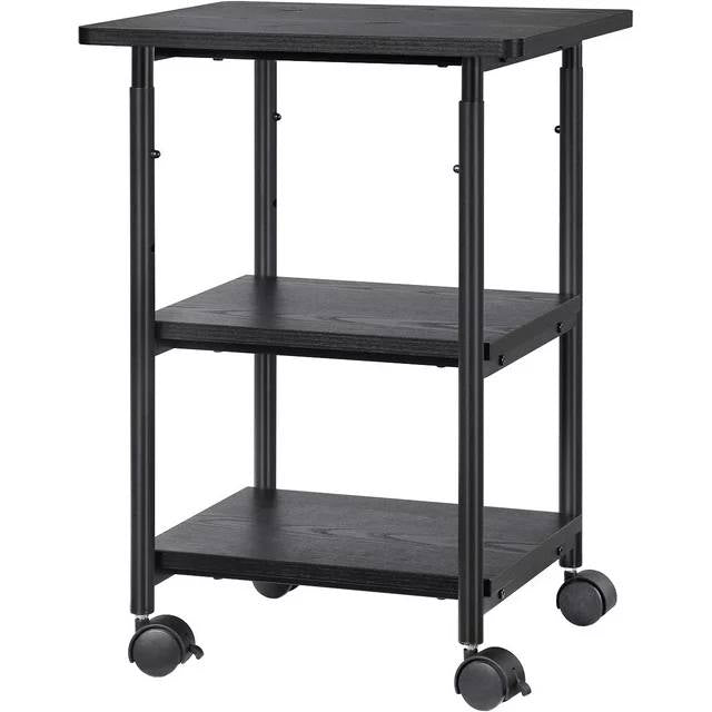 Printer Stand 3-Tier Machine Cart with Wheels and Adjustable Table Top Black