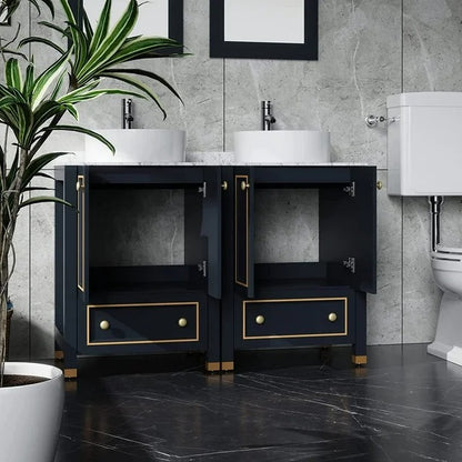 48" Wood Double Sink Bathroom Vanity Cabinet Combo w/Marble Top Dark Navy Blue