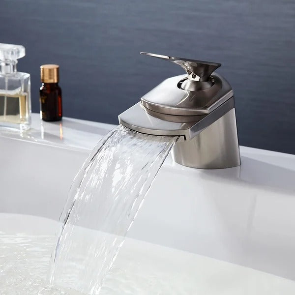 Modern 1-Hole Waterfall Bathroom Sink Faucet Single Handle in Brushed Nickel Solid Brass