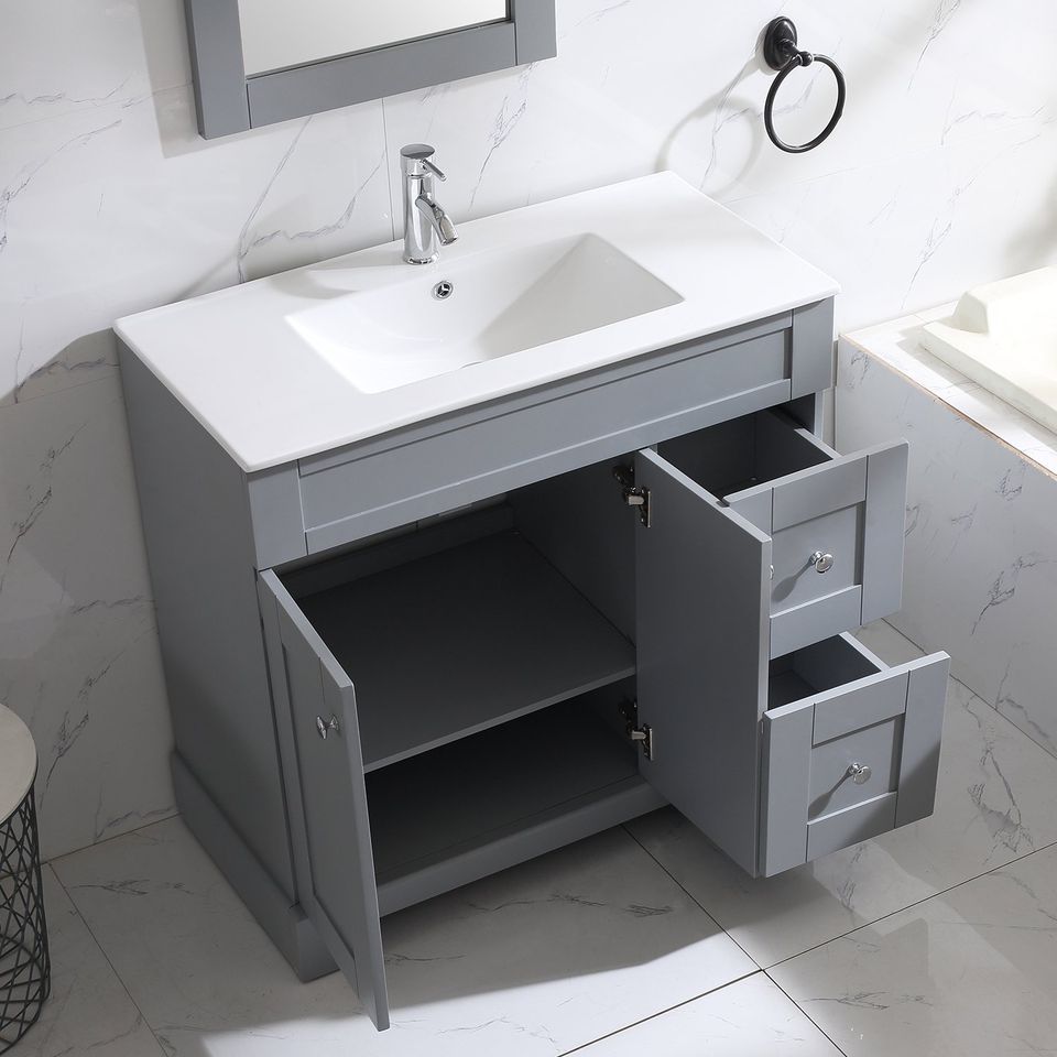 36 Inch Bathroom Vanity Gray Bathroom Vanities with Mirror Free Standing with 2 Soft Closing Doors