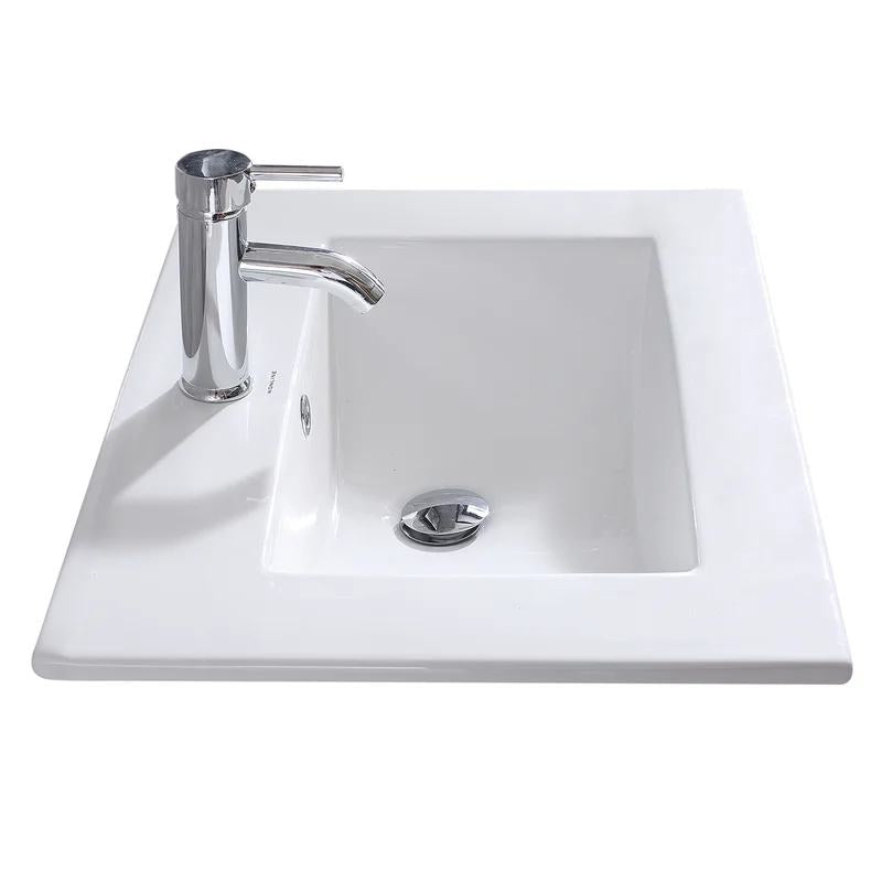 32" White Ceramic Rectangular Drop-in Bathroom Sink with Faucet and Overflow