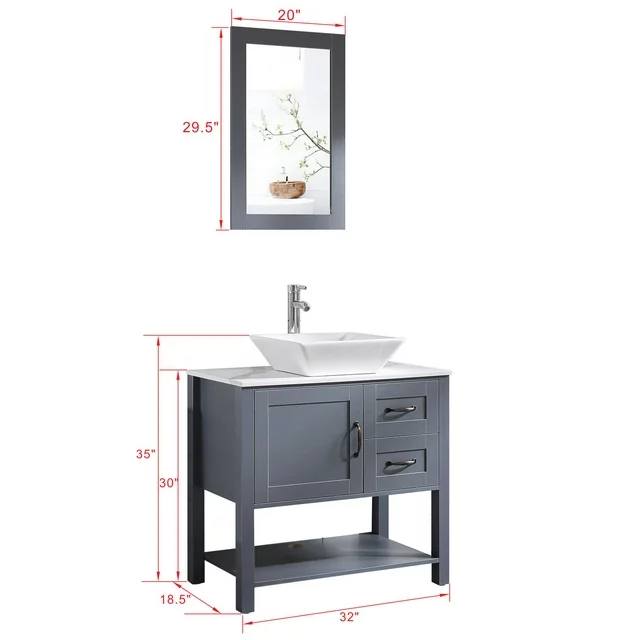 30" Gray Bathroom Vanity and Sink Combo Marble Pattern Top w/Mirror