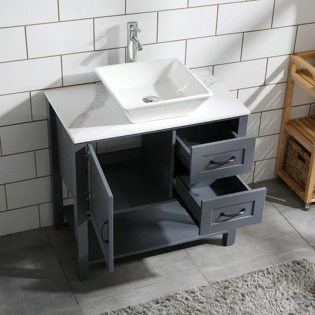 30" Gray Bathroom Vanity and Sink Combo Marble Pattern Top w/Mirror