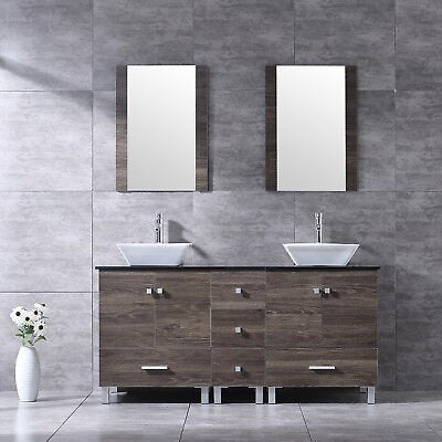 60" Bathroom Vanity Double Wood Cabinet Ceramic Vessel Sinks Combo Set w/Mirror