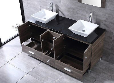 60" Bathroom Vanity Double Wood Cabinet Ceramic Vessel Sinks Combo Set w/Mirror