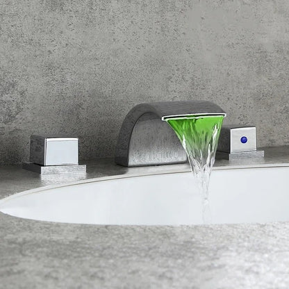 Waterfall Widespread Sink Faucet With LED Lights Double Knobs