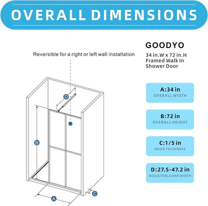 34" X 72" Shower Door Frosted Tempered Glass Framed Shower Screen, Matte Black Finish