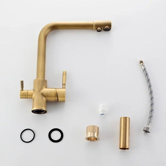 Antique Brass Single Hole Dual Handle Kitchen Faucet with Water Filtering