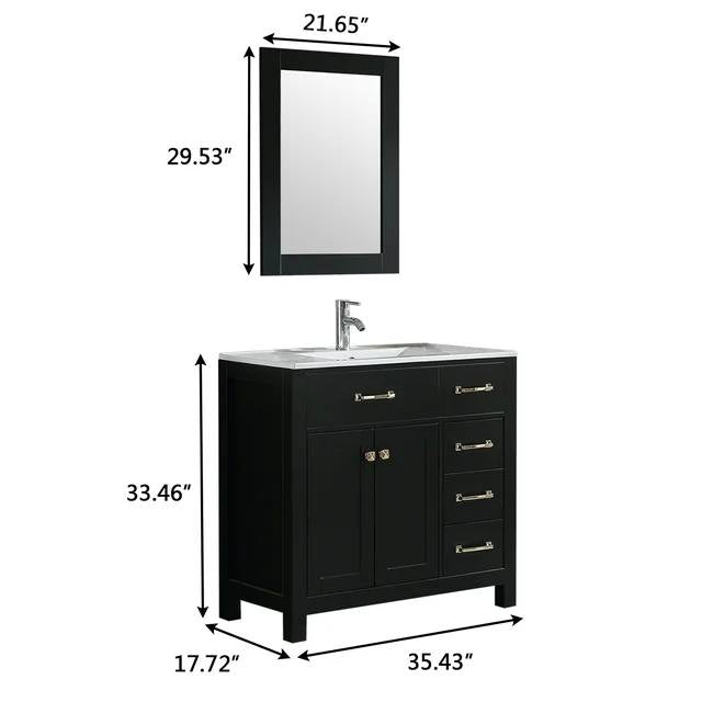 36" Modern Design Drawer and Mirror Black Free Standing 2 Soft Closing Doors Vanity