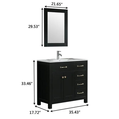 36" Modern Design Drawer and Mirror Black Free Standing 2 Soft Closing Doors Vanity