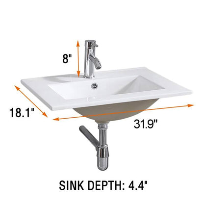 32" White Ceramic Rectangular Drop-in Bathroom Sink with Faucet and Overflow