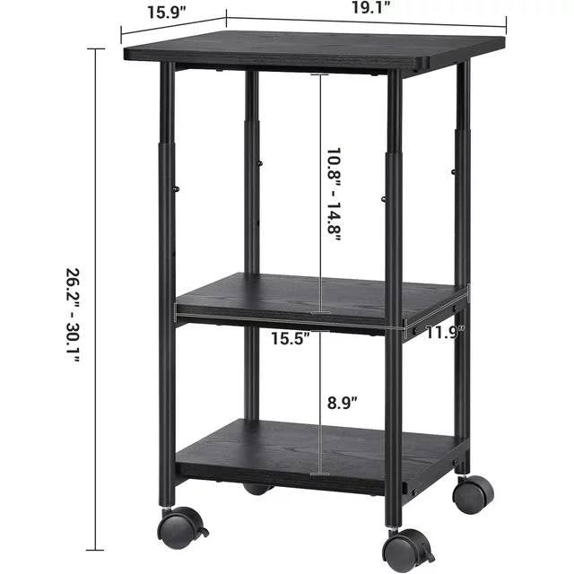 Printer Stand 3-Tier Machine Cart with Wheels and Adjustable Table Top Black