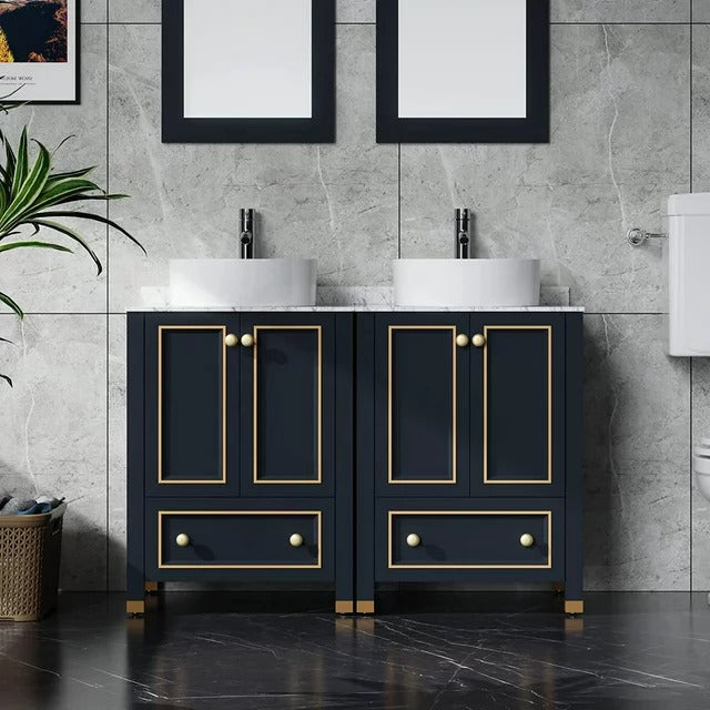 48" Wood Double Sink Bathroom Vanity Cabinet Combo w/Marble Top Dark Navy Blue