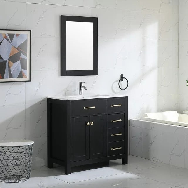 36" Modern Design Drawer and Mirror Black Free Standing 2 Soft Closing Doors Vanity