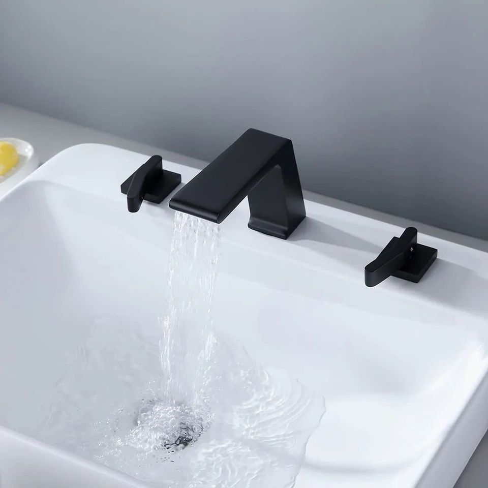 Contemporary Matte Black Waterfall Double-Handle Widespread Sink Faucet Solid Brass