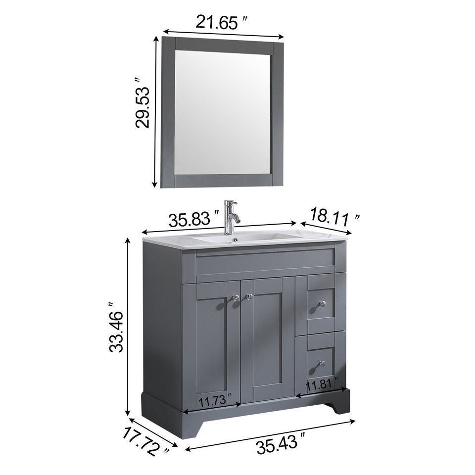 36 Inch Bathroom Vanity Gray Bathroom Vanities with Mirror Free Standing with 2 Soft Closing Doors