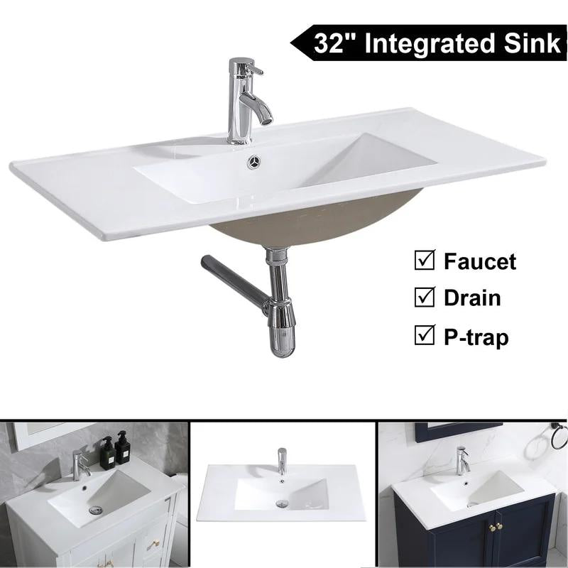 32" White Ceramic Rectangular Drop-in Bathroom Sink with Faucet and Overflow