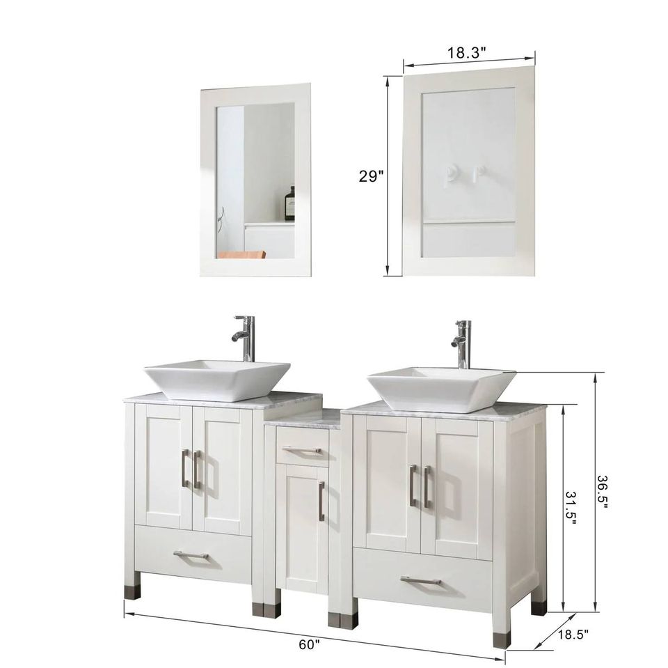 60" White/Gray Bathroom Vanity w/ Marble Pattern Tops & Mirror