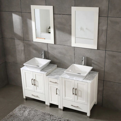 60" White/Gray Bathroom Vanity w/ Marble Pattern Tops & Mirror