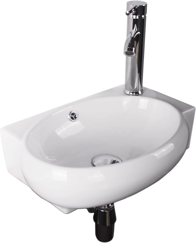 Ceramic Vessel Sink and Chrome Faucet Combo, White-030