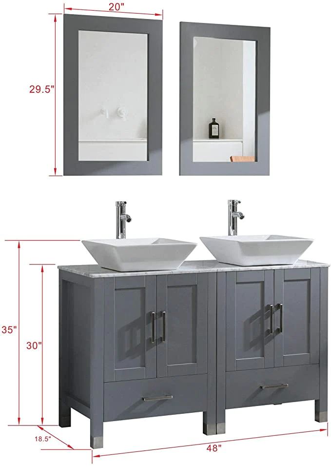 48" Double Sink Vanity White/Gray Bathroom Vanity w/ Marble Pattern Top & Mirror