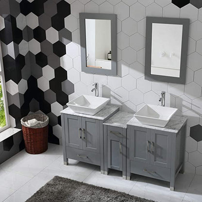 60" White/Gray Bathroom Vanity w/ Marble Pattern Tops & Mirror