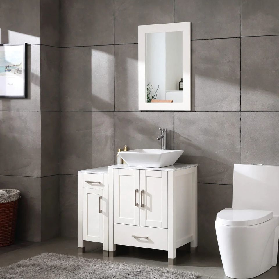 36" White/Gray Bathroom Vanity w/ Marble Pattern Top