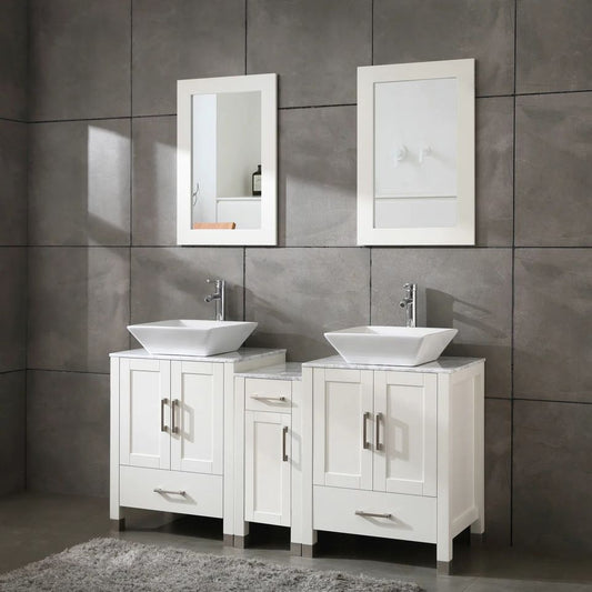 60" White/Gray Bathroom Vanity w/ Marble Pattern Tops & Mirror