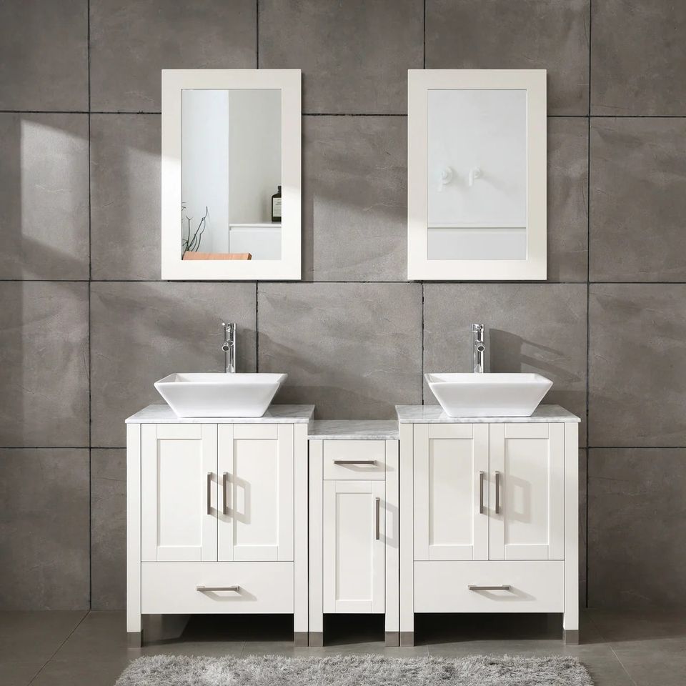 60" White/Gray Bathroom Vanity w/ Marble Pattern Tops & Mirror