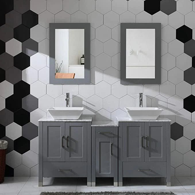 60" White/Gray Bathroom Vanity w/ Marble Pattern Tops & Mirror