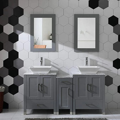 60" White/Gray Bathroom Vanity w/ Marble Pattern Tops & Mirror