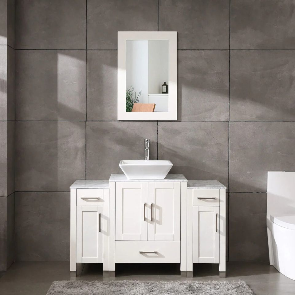 48" White/Gray Bathroom Vanity with Sink, Marble Pattern Top & Mirror