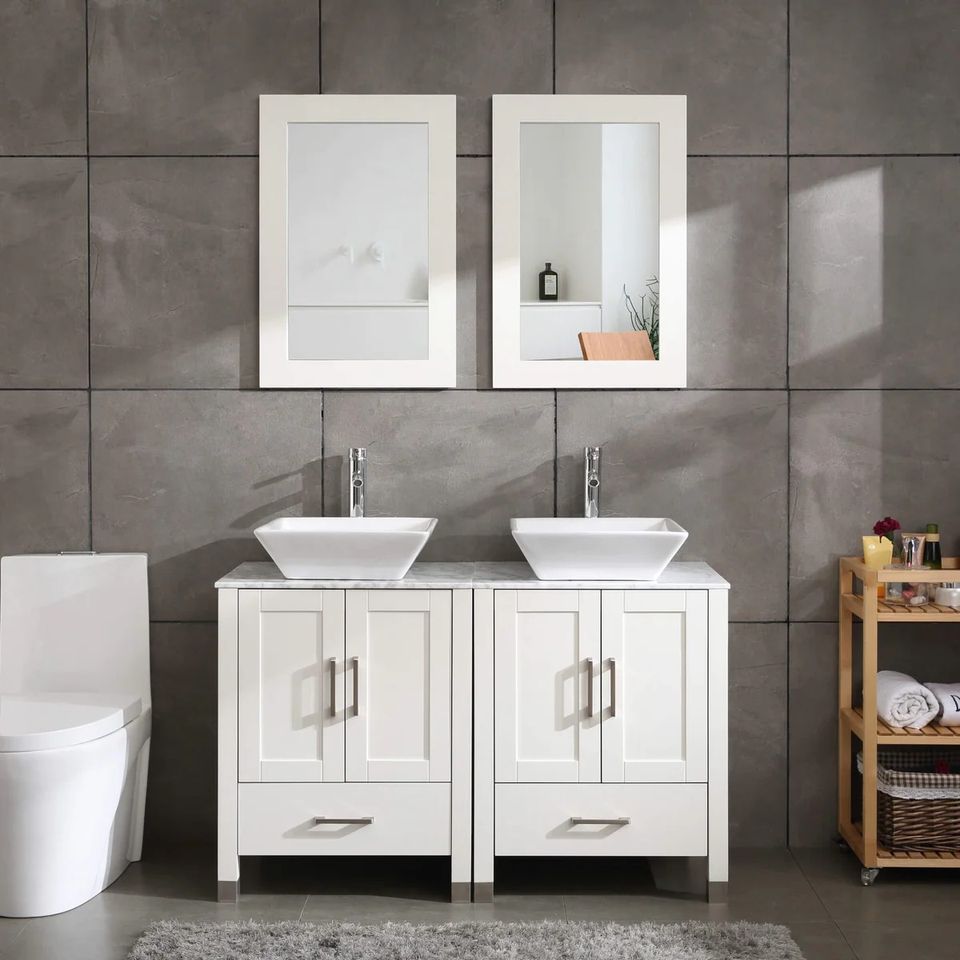 48" Double Sink Vanity White/Gray Bathroom Vanity w/ Marble Pattern Top & Mirror