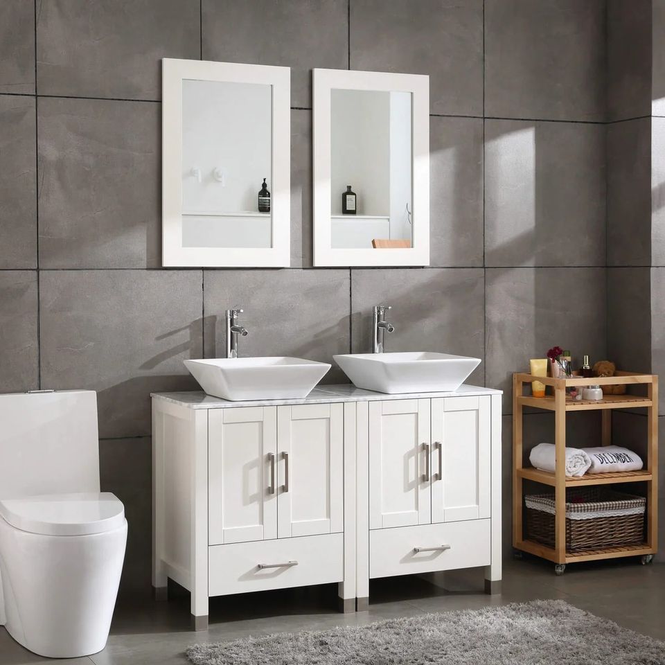 48" Double Sink Vanity White/Gray Bathroom Vanity w/ Marble Pattern Top & Mirror