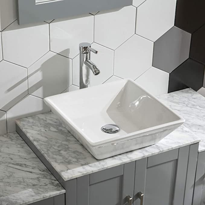 48" White/Gray Bathroom Vanity with Sink, Marble Pattern Top & Mirror