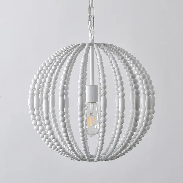 Rustic 1-Light Pure White Wooden Bead Strand Metal Sphere Globe Pendant Light