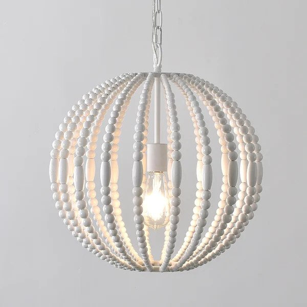 Rustic 1-Light Pure White Wooden Bead Strand Metal Sphere Globe Pendant Light