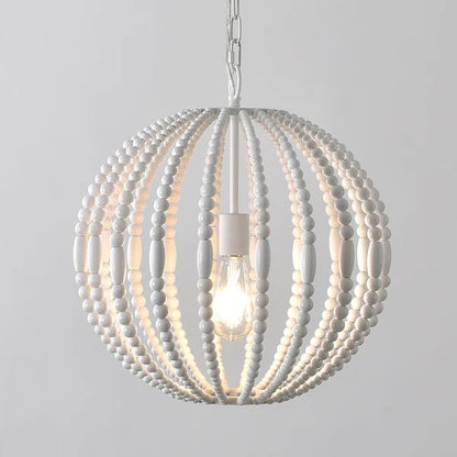 Rustic 1-Light Pure White Wooden Bead Strand Metal Sphere Globe Pendant Light