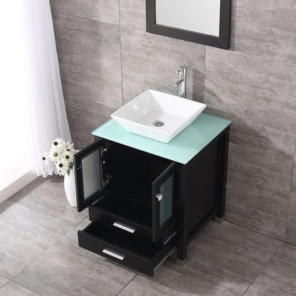 24 inch Modern Black Bathroom Vanity and Sink Combo Wood Cabinet White Square Ceramic Vessel