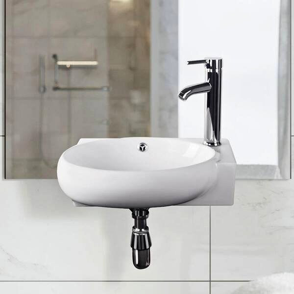 Ceramic Vessel Sink and Chrome Faucet Combo, White-030