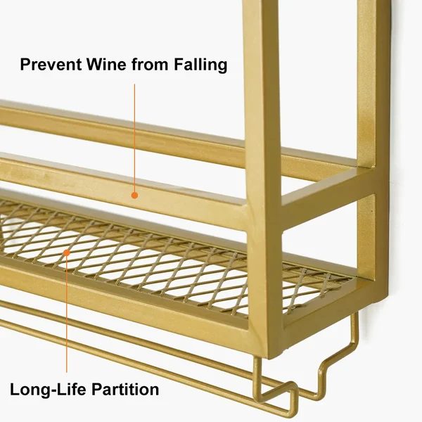 Wall Mounted Gold Wine Rack with Glass & Bottle Rack