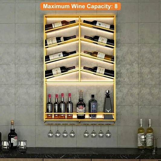 Wall Mounted Gold Wine Rack with Glass & Bottle Rack