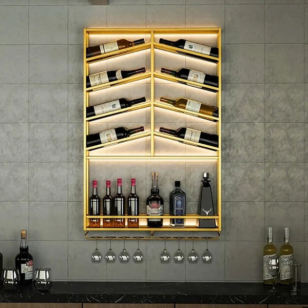 Wall Mounted Gold Wine Rack with Glass & Bottle Rack