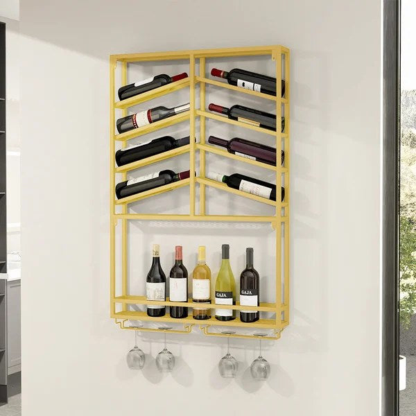 Wall Mounted Gold Wine Rack with Glass & Bottle Rack