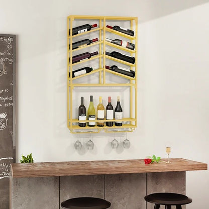 Wall Mounted Gold Wine Rack with Glass & Bottle Rack