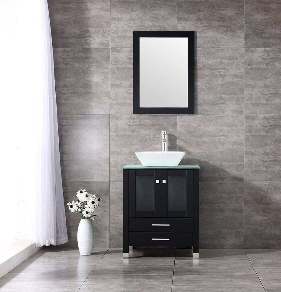 24 inch Modern Black Bathroom Vanity and Sink Combo Wood Cabinet White Square Ceramic Vessel