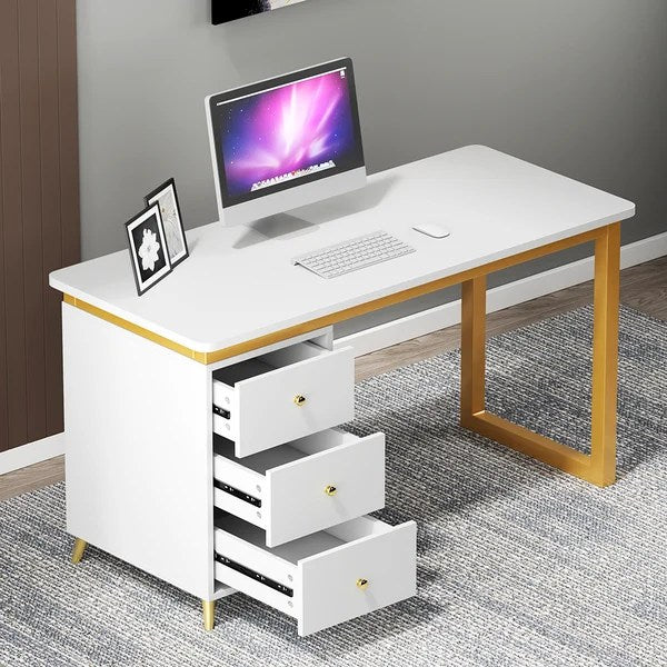 Modern 55" Wooden Home Office White Computer Desk with 3 Drawers & Side Cabinet in Gold